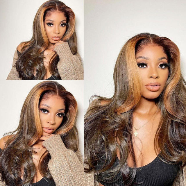 ALIKISS Brazilian Body Wave Highlight Lace Closure Wig Honey Blonde Pre Plucked 4x4" Transparent Lace Wig with Baby Hair