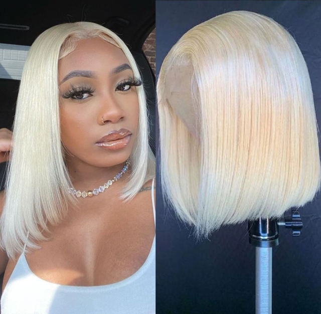 ALIKISS Brazilian Straight Human Hair Lace Front Wig 4x4"/13x4" Blonde Lace Closure Wig #613 Transparent Lace Bob Wig