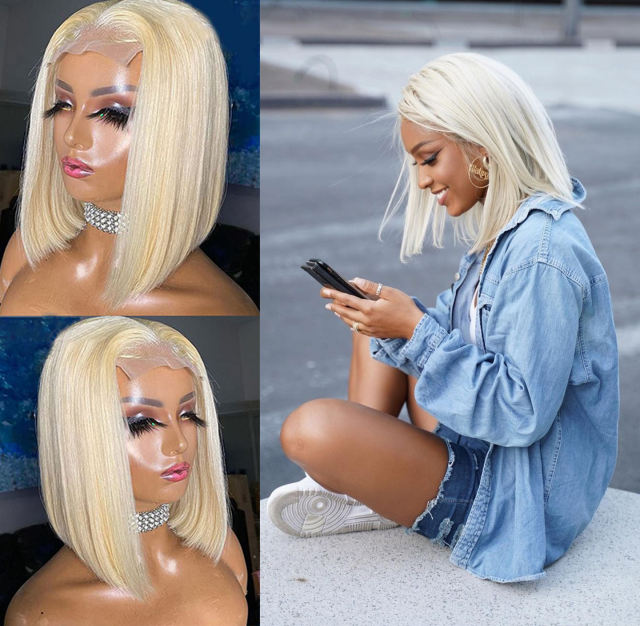 ALIKISS Brazilian Straight Human Hair Lace Front Wig 4x4"/13x4" Blonde Lace Closure Wig #613 Transparent Lace Bob Wig
