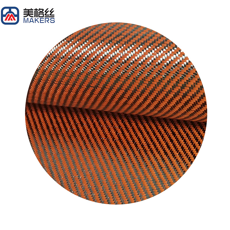 3k 200gsm twill h-ybrid orange/black kelvar mixed carbon fiber fabric