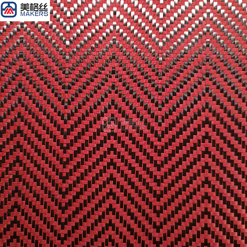 3k 240gsm wavy pattern red carbon fiber fabric jacquard carbon fiber cloth aramid kelvar hybrid unique woven pattern