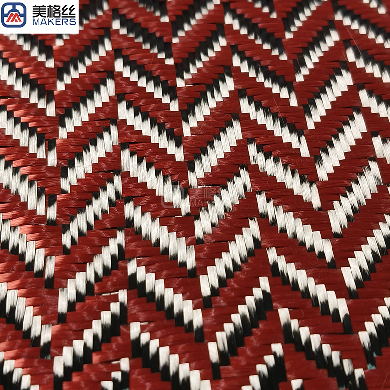 3k 240gsm wicker pattern jacquard carbon fiber/kevlar hybrid fabric in red