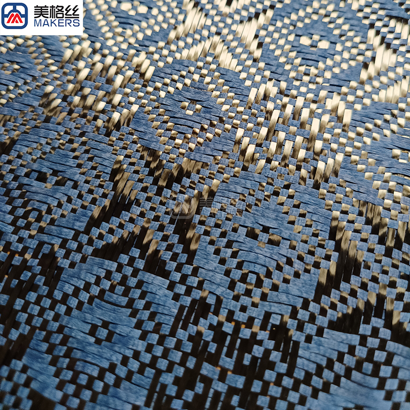 3k 240gsm rose pattern jacquard carbon fiber/kevlar hybrid fabric in blue