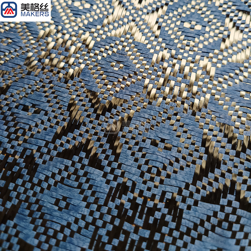 3k 240gsm rose pattern jacquard carbon fiber/kevlar hybrid fabric in blue