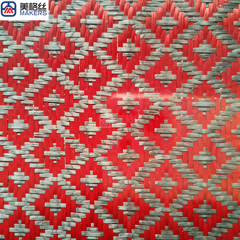 3k 240gsm hydrant pattern jacquard carbon fiber/kevlar hybrid fabric in red