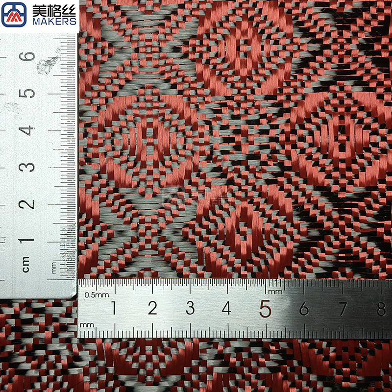 3k 240gsm rose pattern jacquard carbon fiber/kevlar hybrid fabric in red
