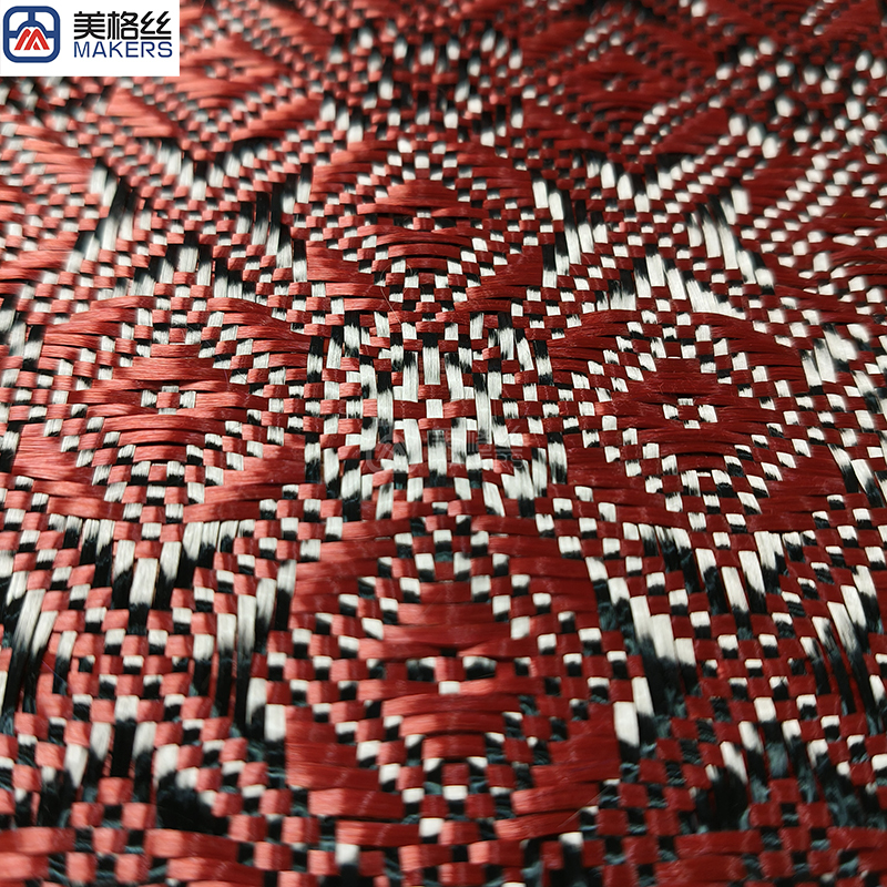 3k 240gsm rose pattern jacquard carbon fiber/kevlar hybrid fabric in red
