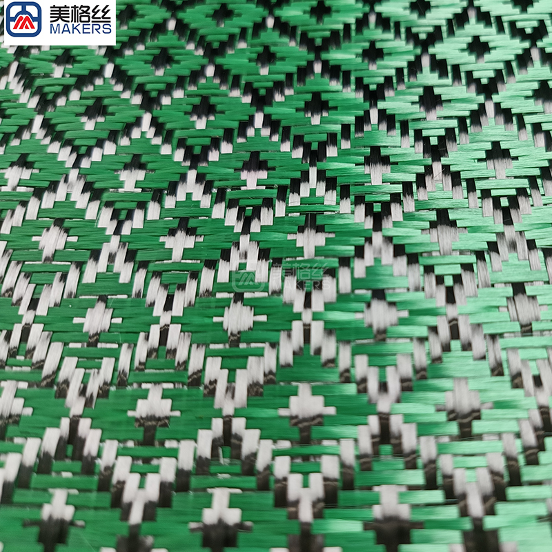 3k 240gsm hydrant pattern jacquard carbon fiber/kevlar hybrid fabric in green