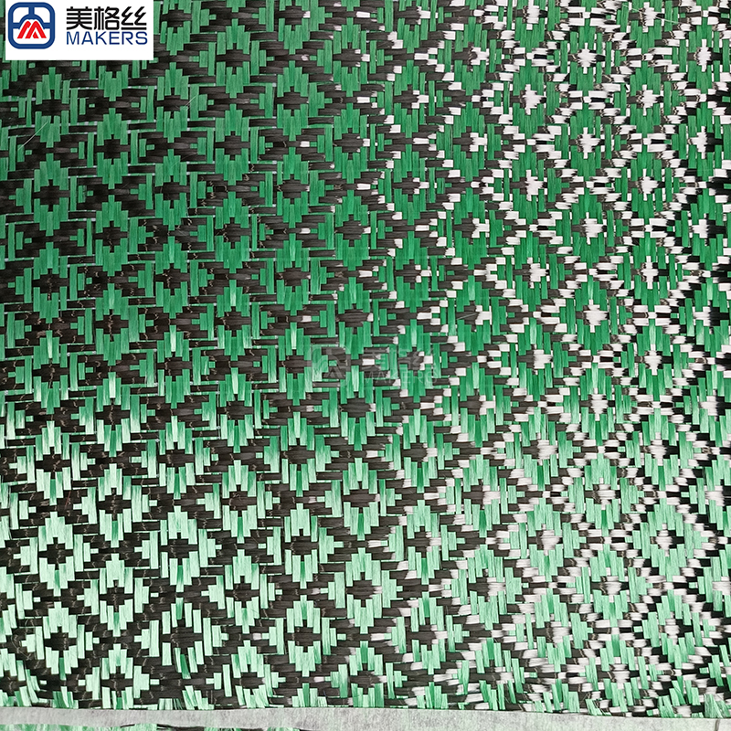 3k 240gsm hydrant pattern jacquard carbon fiber/kevlar hybrid fabric in green
