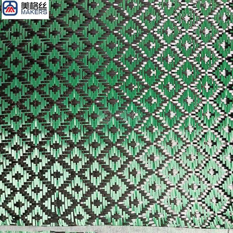 3k 240gsm hydrant pattern jacquard carbon fiber/kevlar hybrid fabric in green
