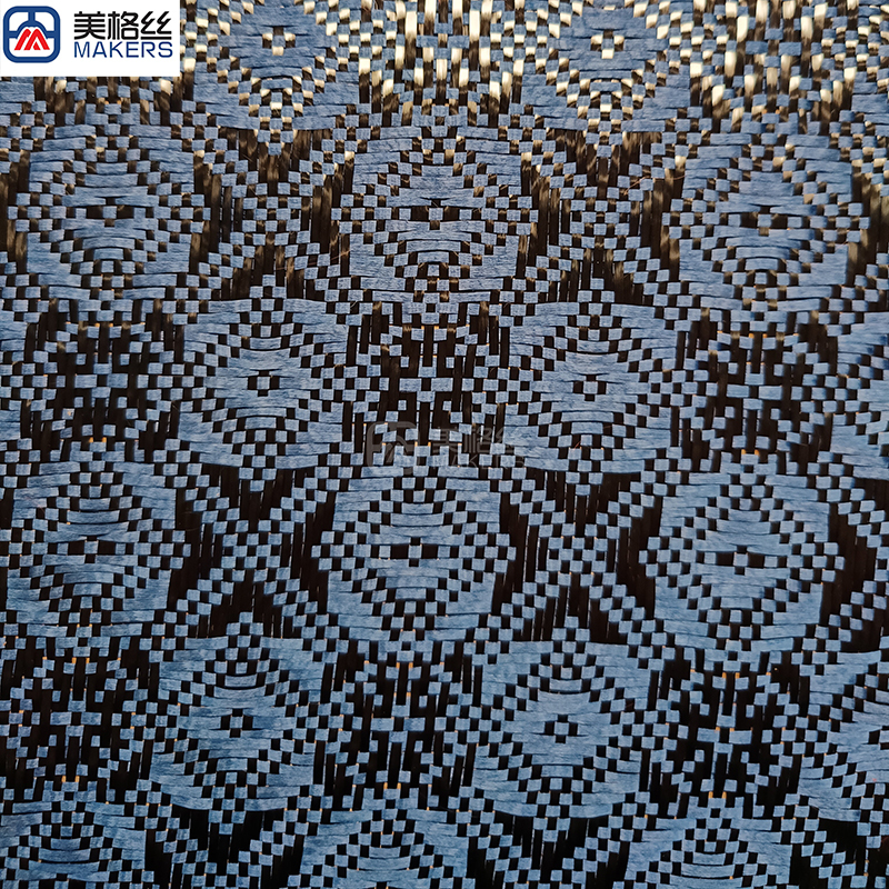 3k 240gsm rose pattern jacquard carbon fiber/kevlar hybrid fabric in blue