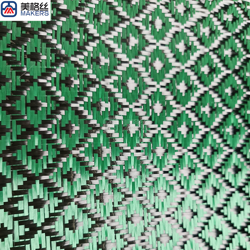 3k 240gsm hydrant pattern jacquard carbon fiber/kevlar hybrid fabric in green