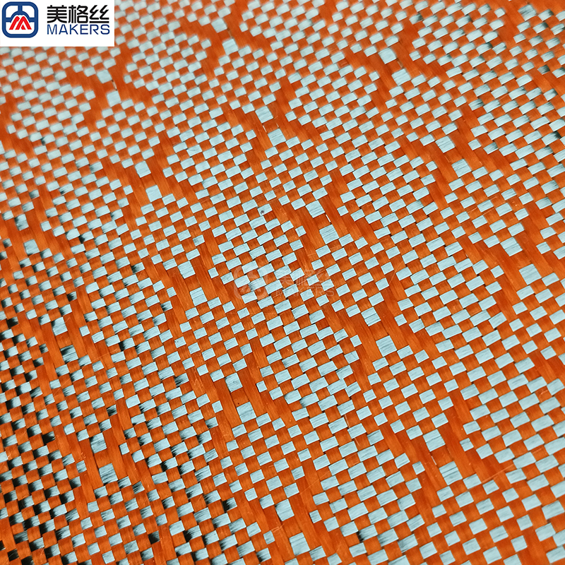 flexible 3k 240gsm X pattern orange jacquard carbon fiber/aramid kevlar hybrid woven fabric