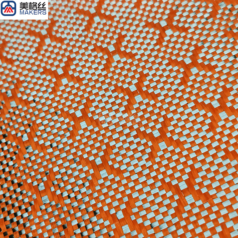 flexible 3k 240gsm X pattern orange jacquard carbon fiber/aramid kevlar hybrid woven fabric