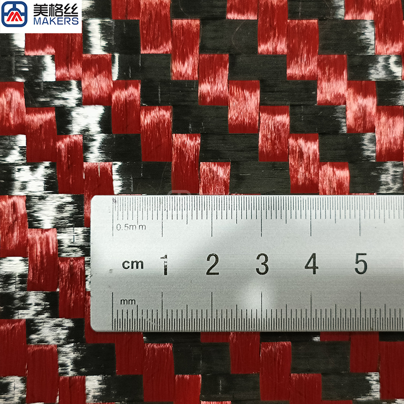 New arrival 12K 210gsm 6x6mm twill weave black and red spread tow carbon fiber fabric carbon kevlar hybrid woven cloth