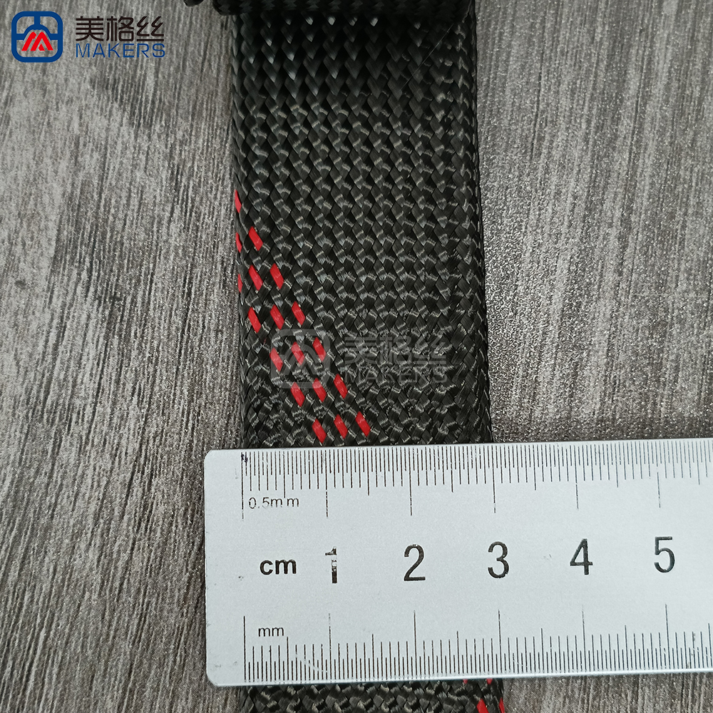 30mm black/three red stripes Carbon Fiber Braided Sleeve Expandable