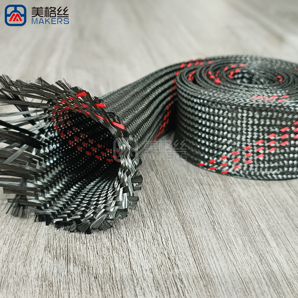 30mm black/three red stripes Carbon Fiber Braided Sleeve Expandable