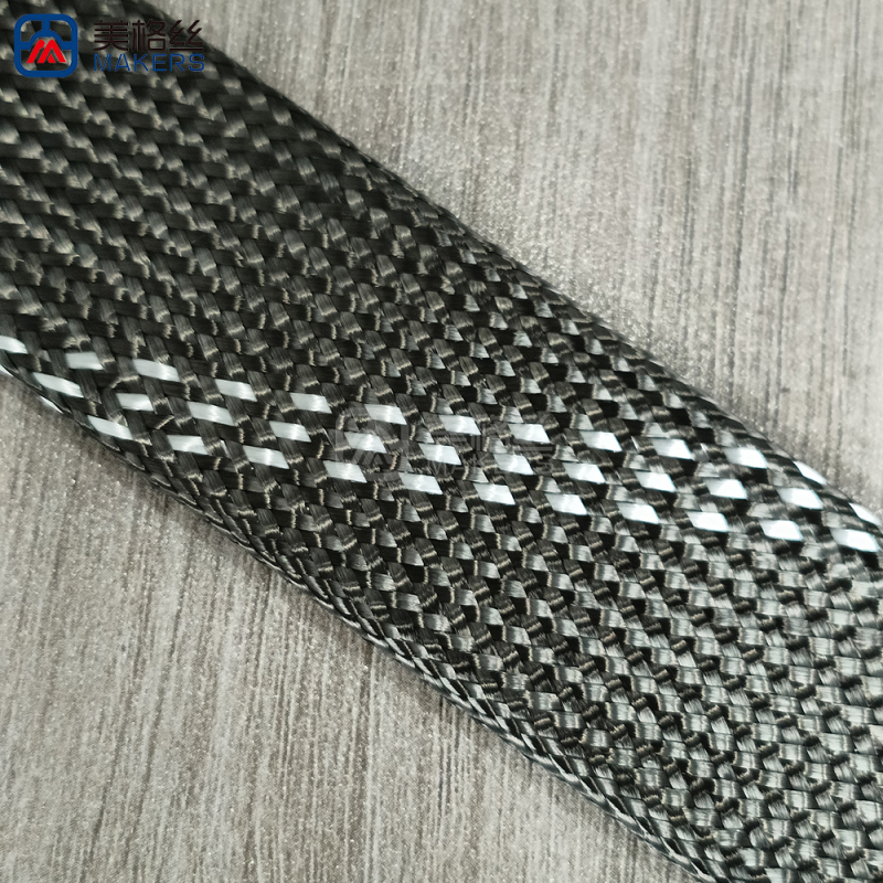 30mm black/three white stripes Carbon Fiber Braided Sleeve Expandable