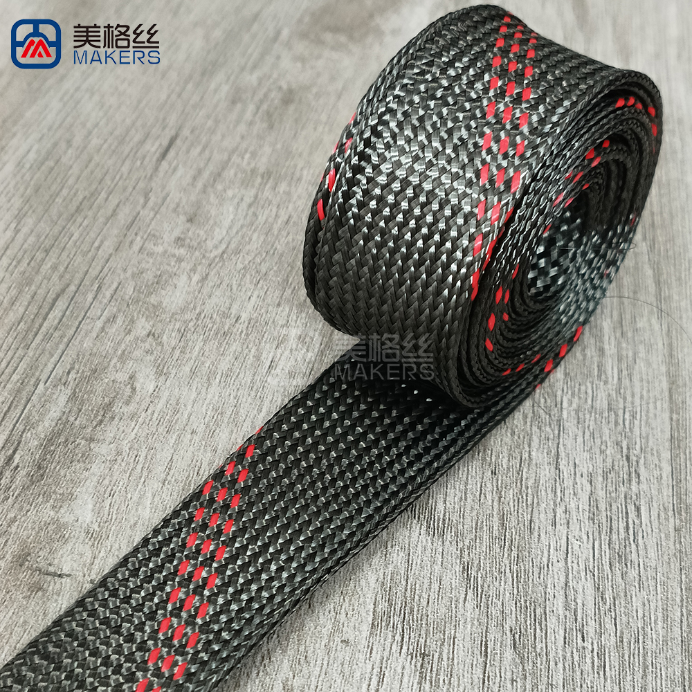 30mm black/three red stripes Carbon Fiber Braided Sleeve Expandable