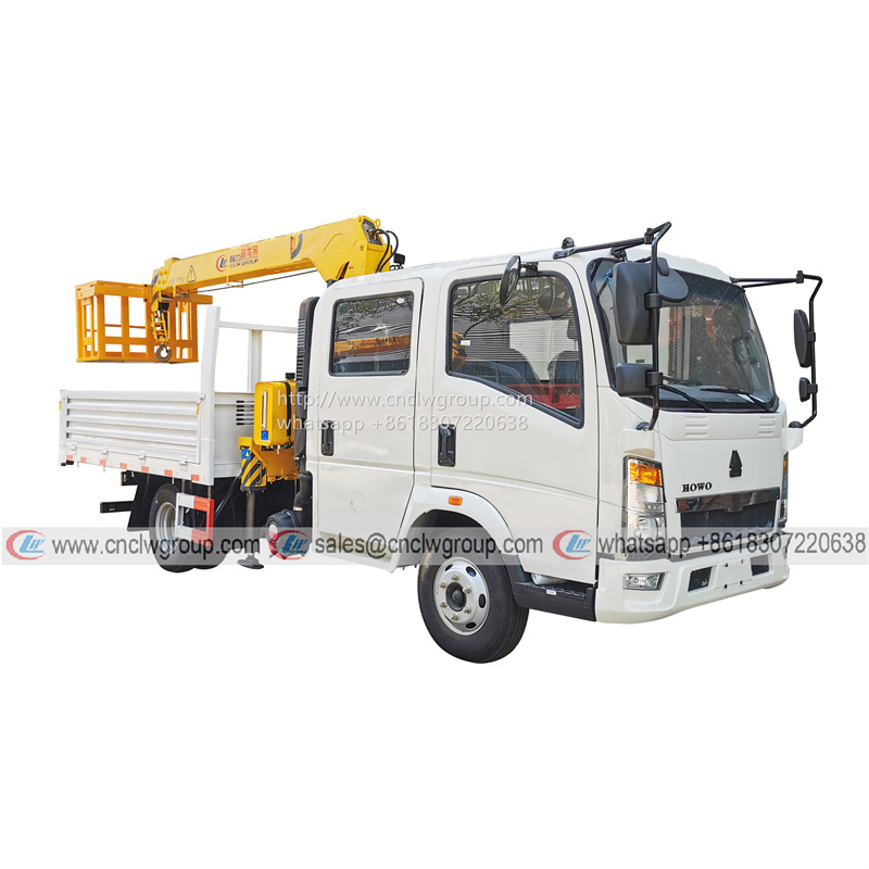 HOWO Double Cabin 3.2 ton Boom Truck with Man Basket 6 Wheeler 4x2 Telescopic Extension Truck mounted Crane and Working Bucket
