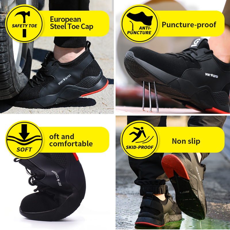 GUYISA 8186 Black Red Breathable Soft Safety Work Shoes