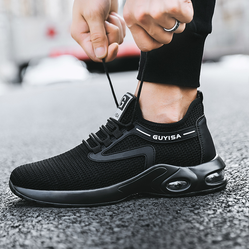 Men's casual fashion breathable black pu outsole work safety shoes