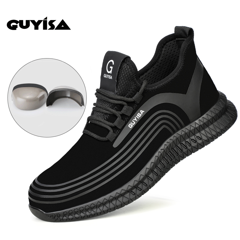 GUYISA Black Anti Puncture Anit Skid Autumn Winter Rubber Bottom Safety Shoes Steel Toe Industrial Work Shoes for Men