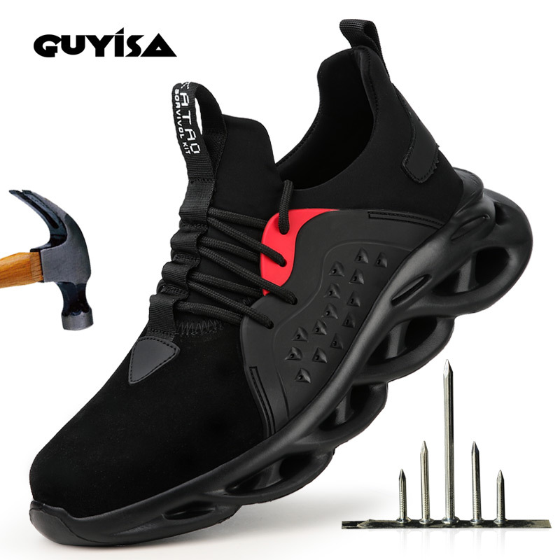 GUYISA Black Lightweight Soft High Elastic EVA Outsole Suede Leather Steel Toe Safety Shoes Men's for Work