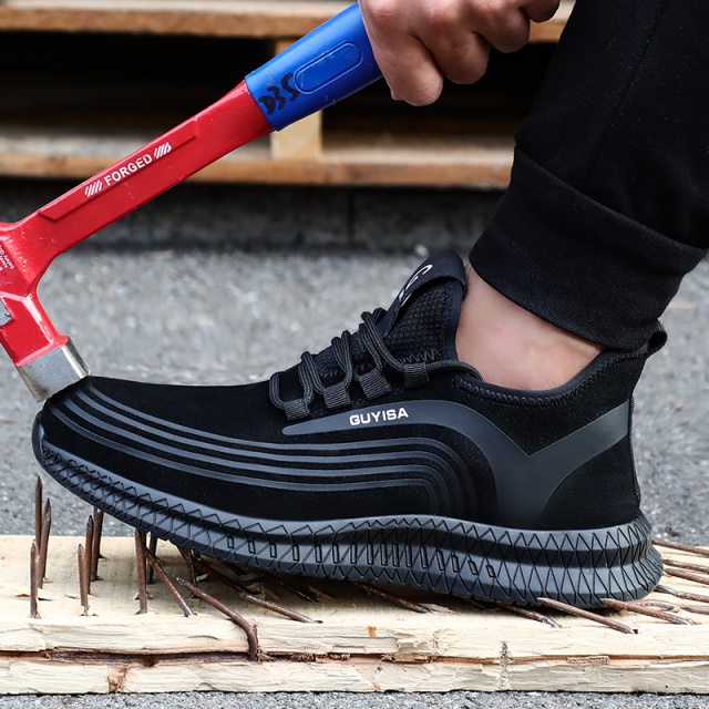 GUYISA Black Anti Puncture Anit Skid Autumn Winter Rubber Bottom Safety Shoes Steel Toe Industrial Work Shoes for Men