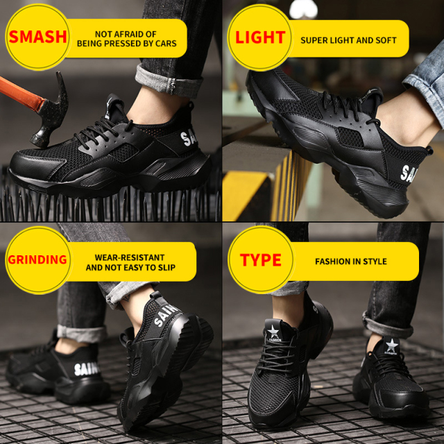 GUYISA stock CE breathable black net leather anti smashing and anti piercing steel toe men's safety work shoes