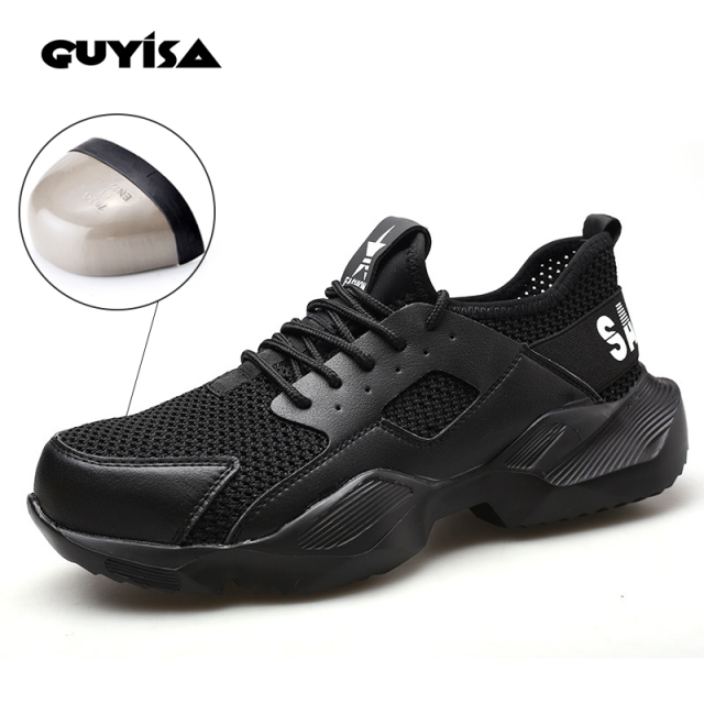 GUYISA stock CE breathable black net leather anti smashing and anti piercing steel toe men's safety work shoes