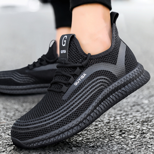 Black summer breathable wear resistant rubber soled steel toe safety shoes