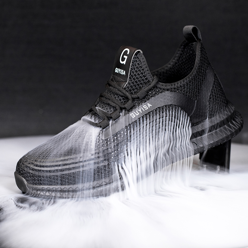 Black summer breathable wear resistant rubber soled steel toe safety shoes