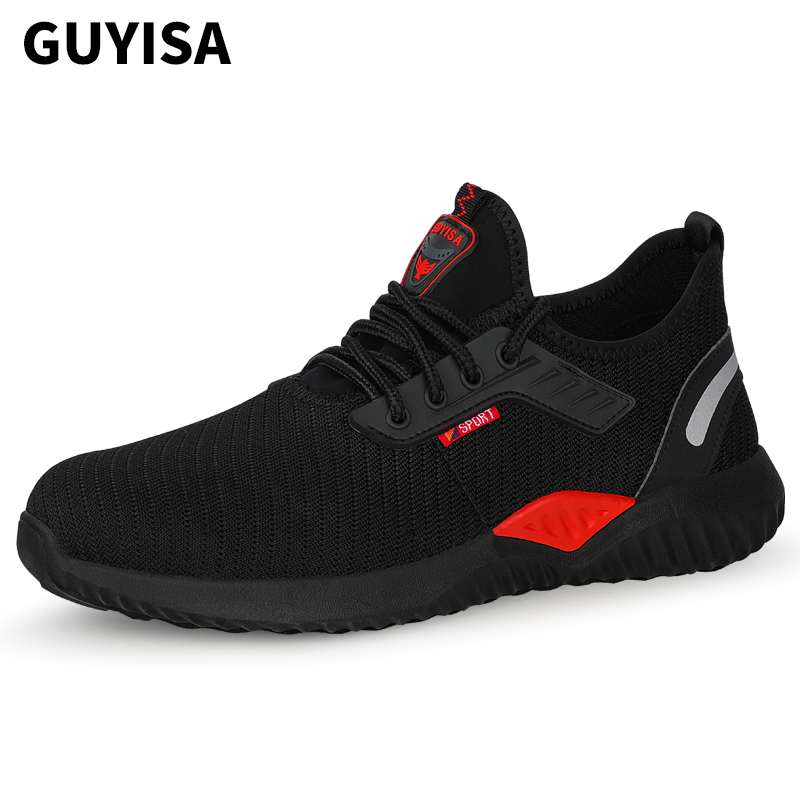 Black Red Breathable Fabric Mens Womens Safety Work Shoes With Toe And Sole Protection