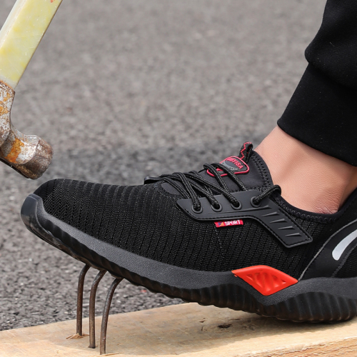 Black Red Breathable Fabric Mens Womens Safety Work Shoes With Toe And Sole Protection