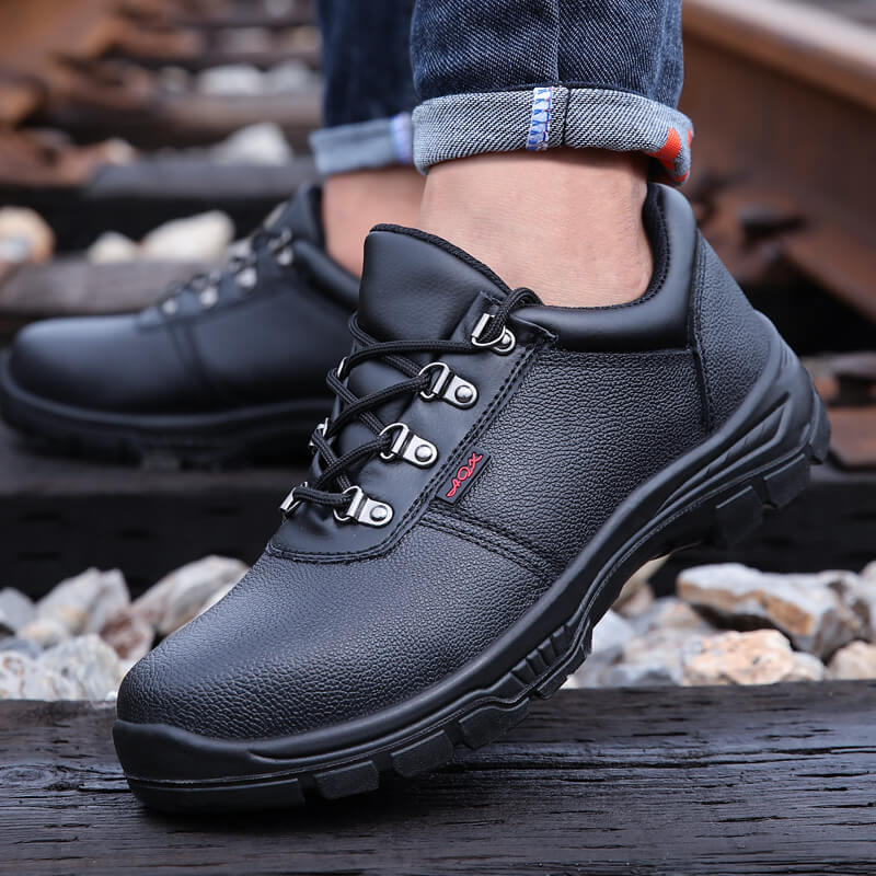 high quality black cowhide steel toe men's work safety shoes