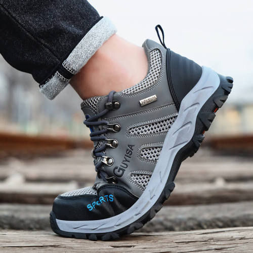 Grey Blue Microfiber Leatherette Breathable Stylish Safety Shoes Industrial Work Shoes