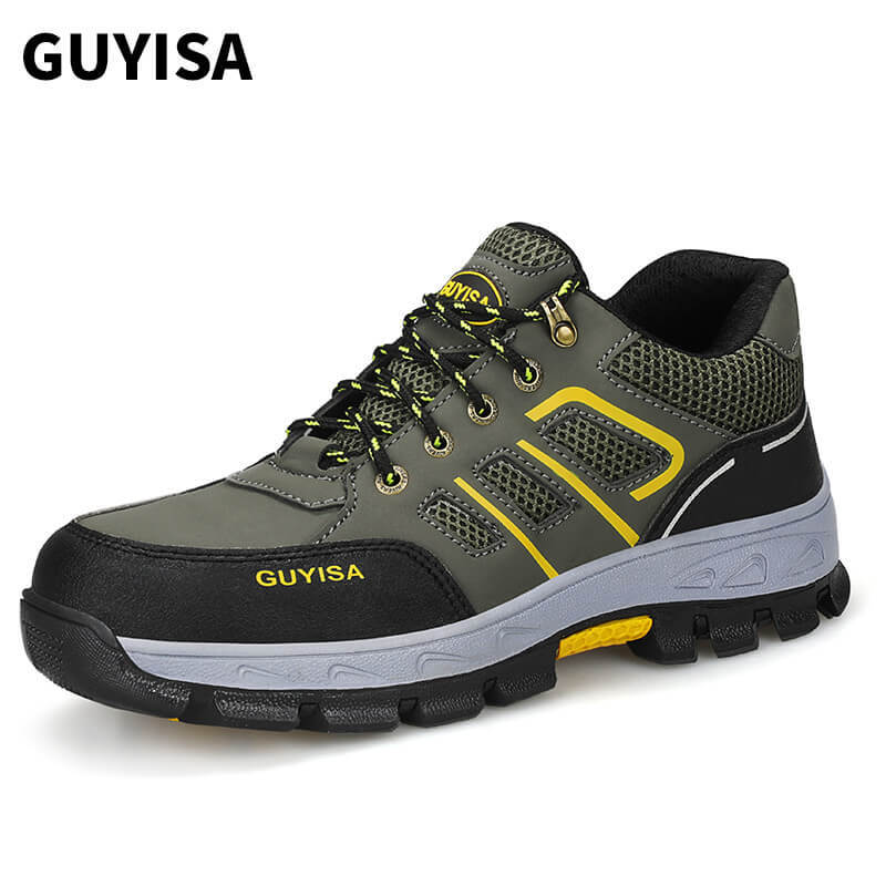 GUYISA 1152 Army Green Space Leather Mesh Breathable Non-Slip Steel Toe Safety Shoes