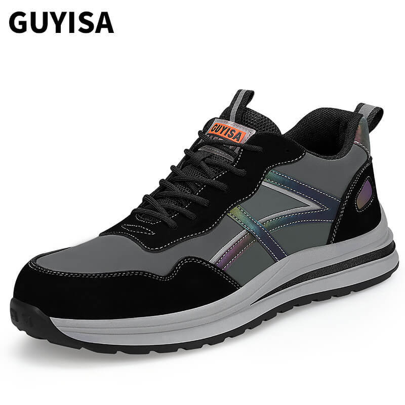 GUYISA 1158BK Black and Grey Soft Suede Fashion Steel Toe Safety Shoes