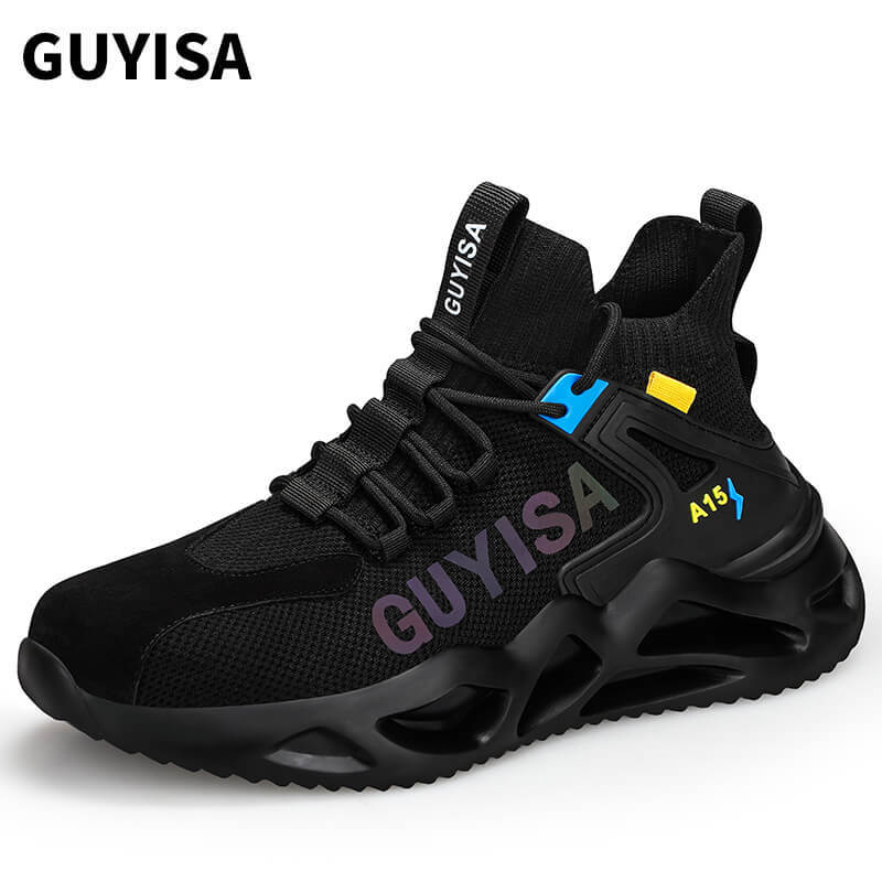 GUYISA 0206 Black Colorful Flyknit Breathable Men's Steel Toe Safety Shoes