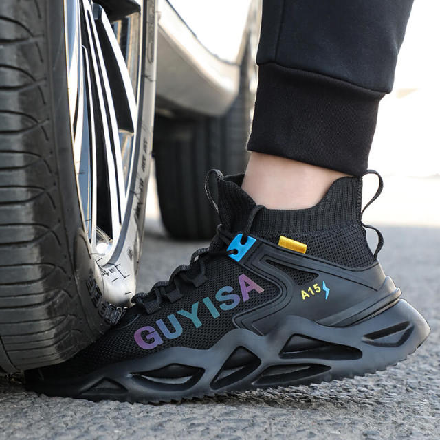 GUYISA 0206 Black Colorful Flyknit Breathable Men's Steel Toe Safety Shoes