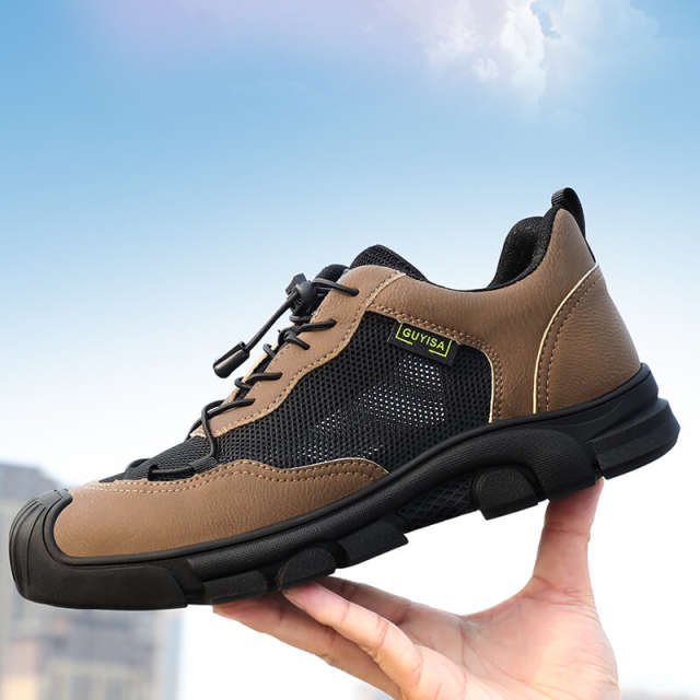 GUYISA 0216 Brown Mesh Easy Clean Microfiber Lightweight Rubber Sole Men's Steel Toe Safety Shoes