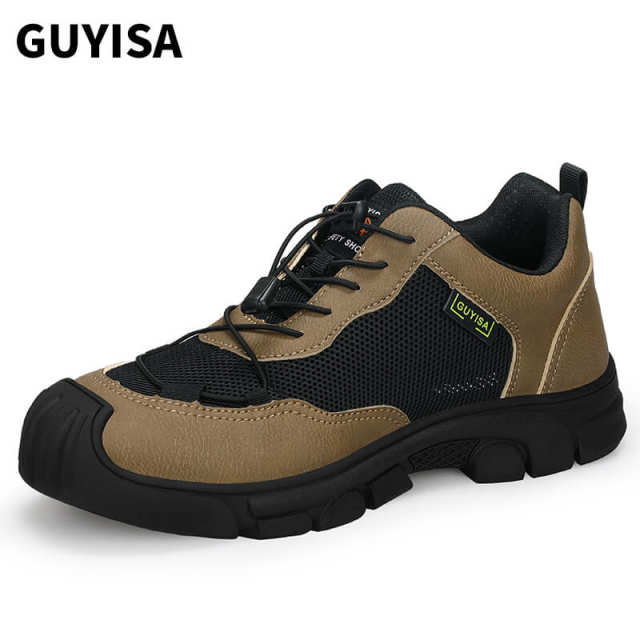 GUYISA 0216 Brown Mesh Easy Clean Microfiber Lightweight Rubber Sole Men's Steel Toe Safety Shoes