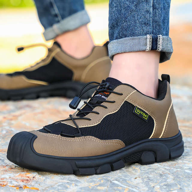 GUYISA 0216 Brown Mesh Easy Clean Microfiber Lightweight Rubber Sole Men's Steel Toe Safety Shoes