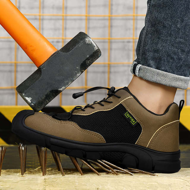 GUYISA 0216 Brown Mesh Easy Clean Microfiber Lightweight Rubber Sole Men's Steel Toe Safety Shoes