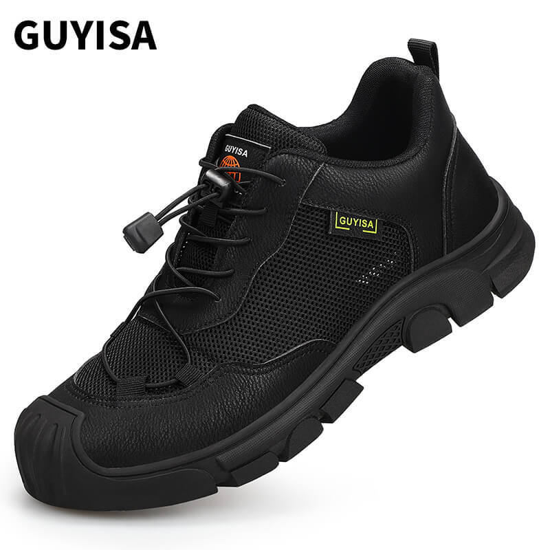 GUYISA 0216BK Brown Mesh Easy Clean Microfiber Lightweight Rubber Sole Men's Steel Toe Safety Shoes