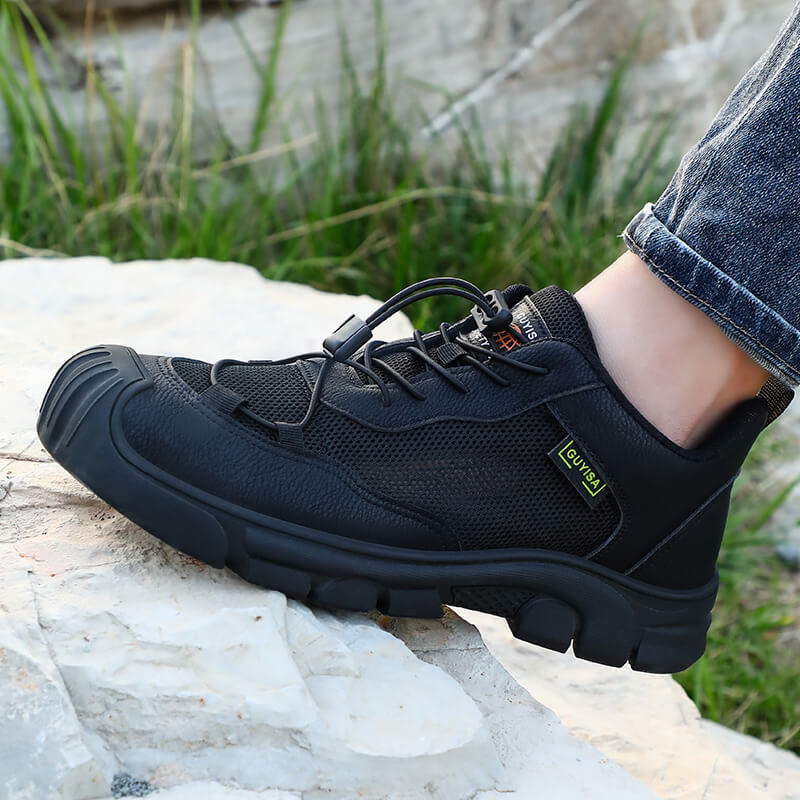 GUYISA 0216BK Brown Mesh Easy Clean Microfiber Lightweight Rubber Sole Men's Steel Toe Safety Shoes
