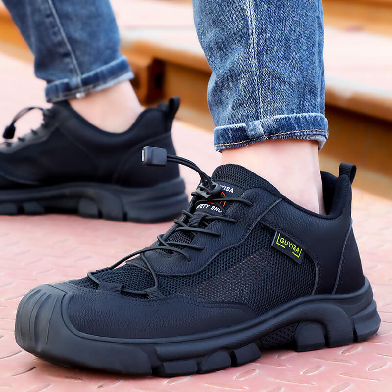 GUYISA 0216BK Brown Mesh Easy Clean Microfiber Lightweight Rubber Sole Men's Steel Toe Safety Shoes