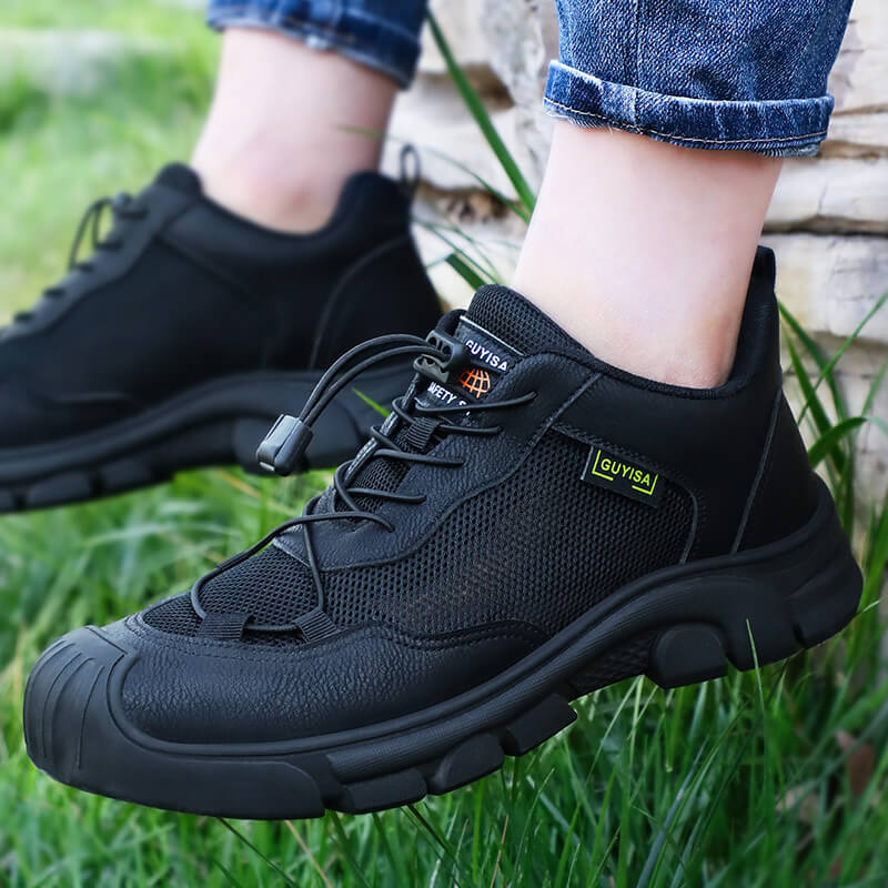GUYISA 0216BK Brown Mesh Easy Clean Microfiber Lightweight Rubber Sole Men's Steel Toe Safety Shoes