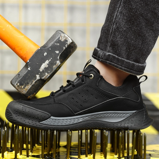 Black waterproof microfiber leather steel toe safety work shoes for men